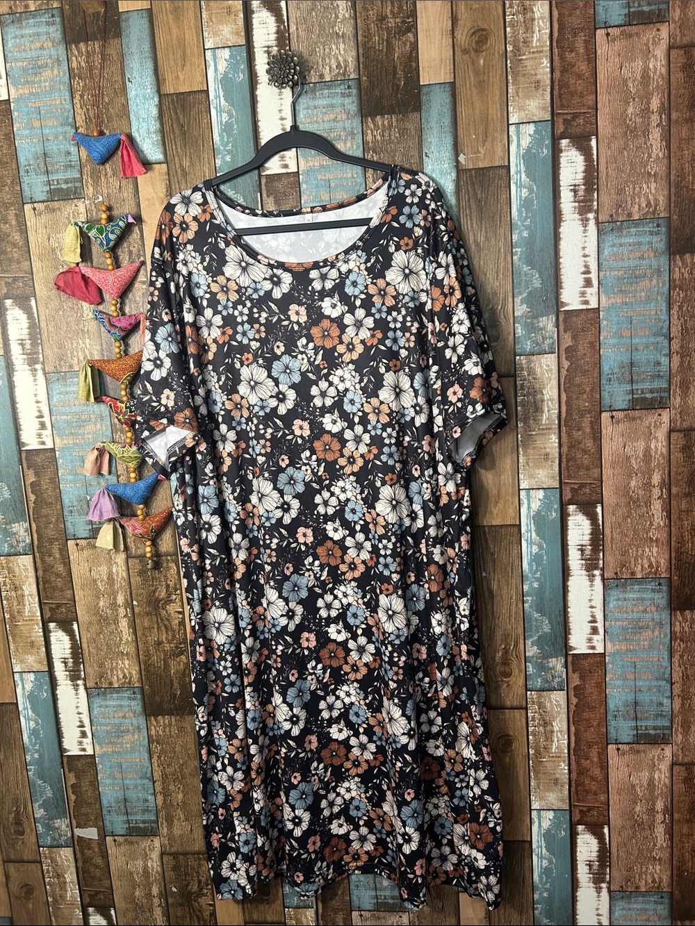 Scoop Neck Floral Midi Dress in Black with Blue & Tan Flowers
